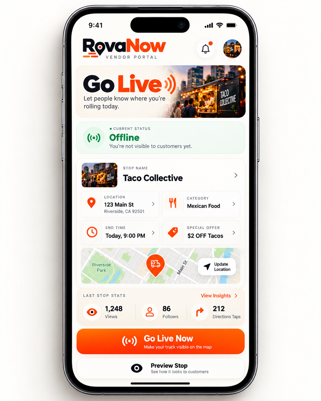 RovaNow vendor Go Live screen